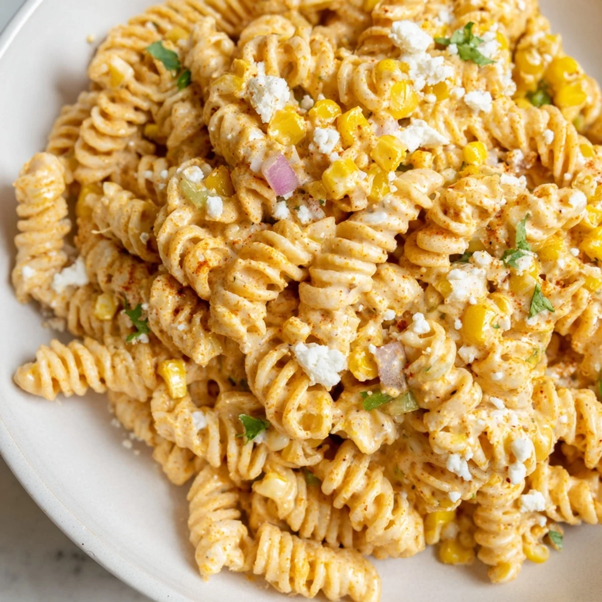 Creamy elote pasta salad loaded with charred corn and crumbled cotija cheese
