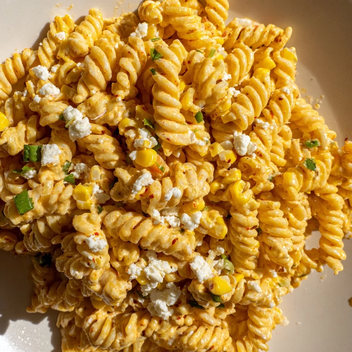 Tangy elote pasta salad tossed with lime cilantro dressing in a bowl