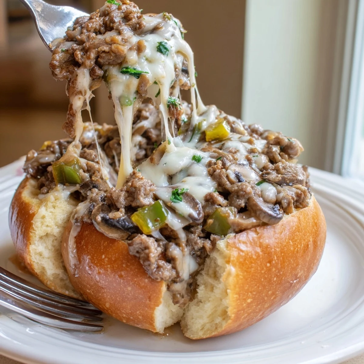 Cheesy Philly Sloppy Joes with melted provolone dripping over a toasted brioche bun