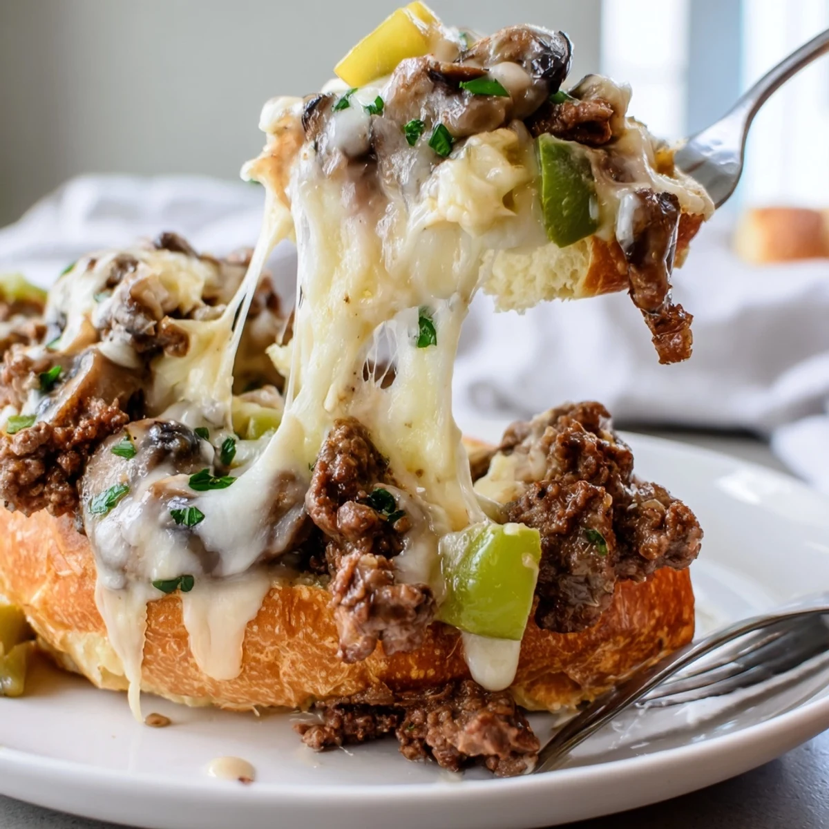 Juicy ground beef and sautéed peppers smothered in cheese for Cheesy Philly Sloppy Joes