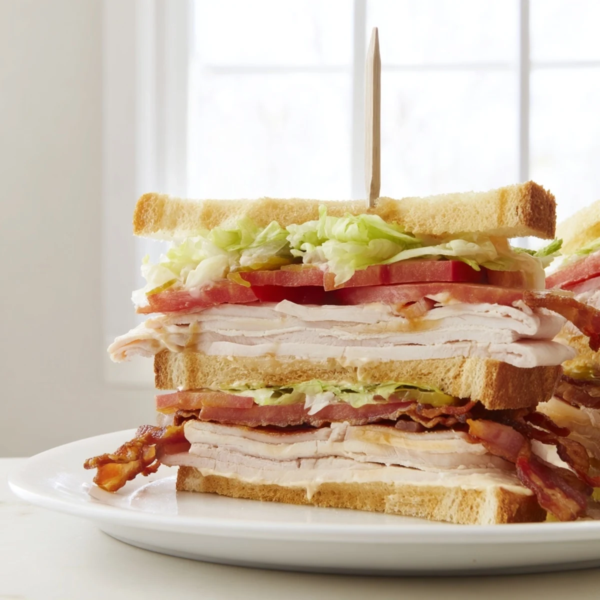 Crispy club sandwich stacked high with bacon, lettuce, tomato, and turkey