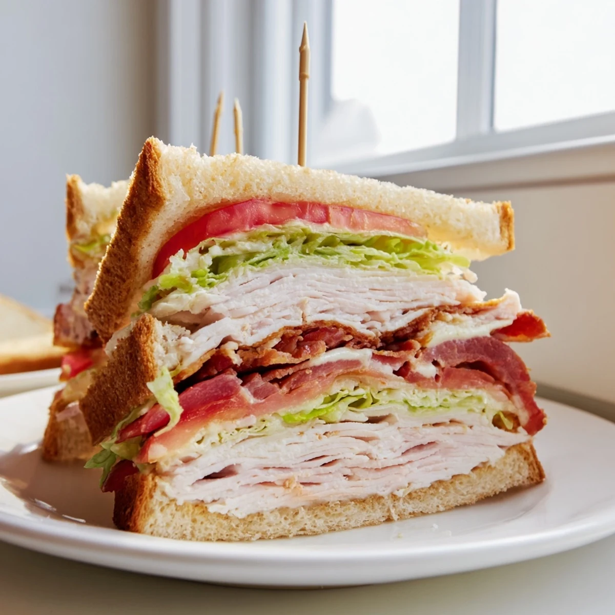 Triple-decker club sandwich recipe cut into quarters on a wooden board