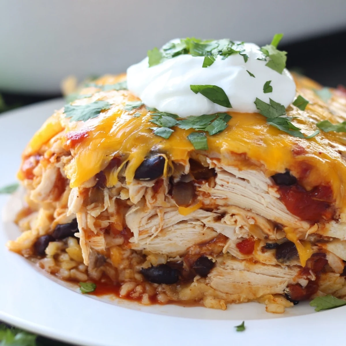 Golden chicken burrito casserole with melted cheddar, beans, and fresh cilantro garnish