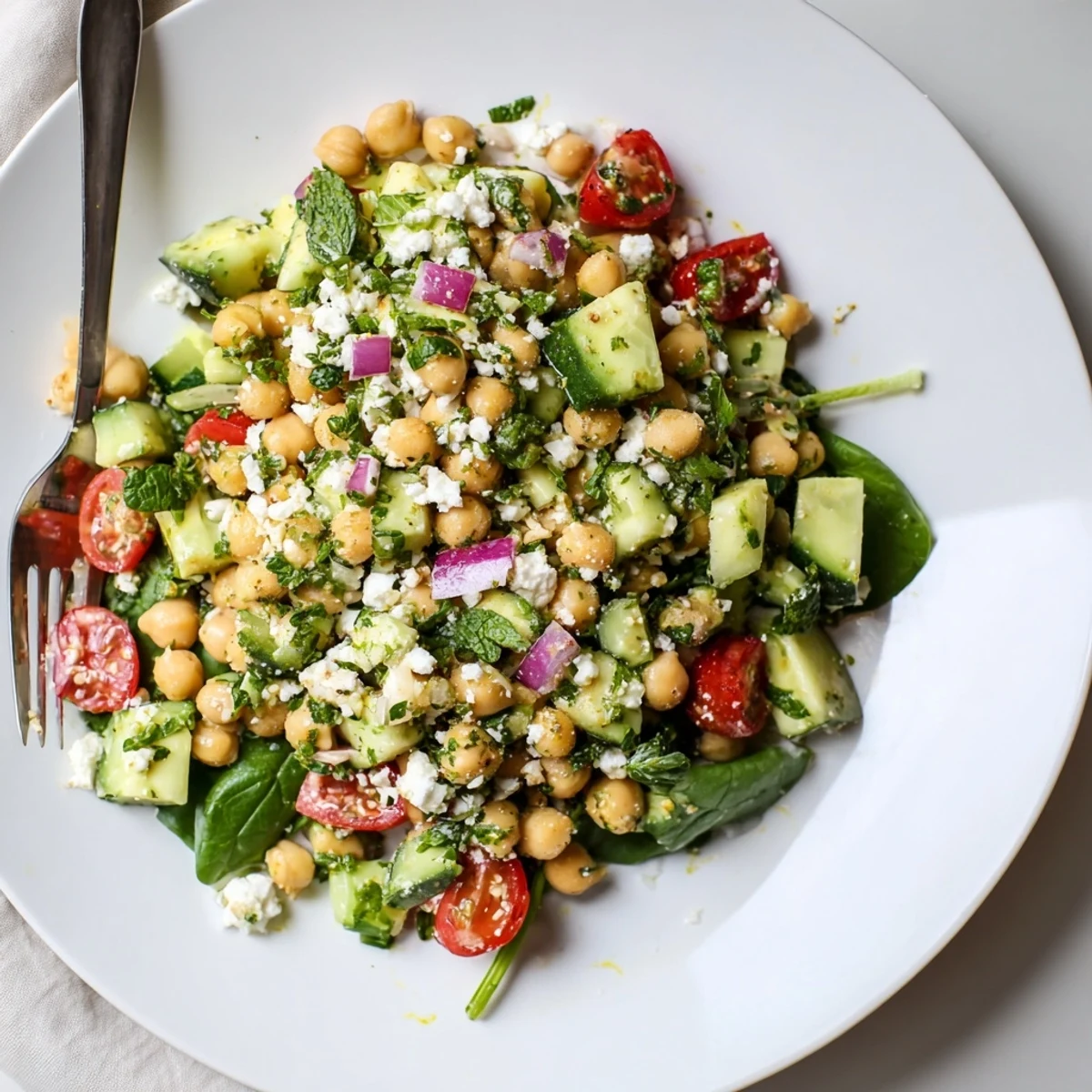 Chickpea Feta Avocado Salad served in a rustic bowl with zesty dressing