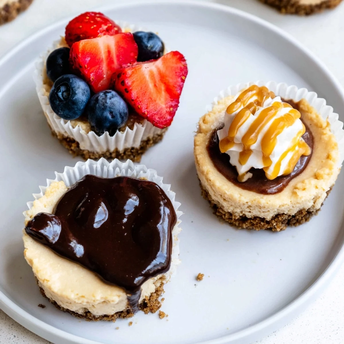 Golden graham cracker crust mini cheesecakes drizzled with rich chocolate ganache