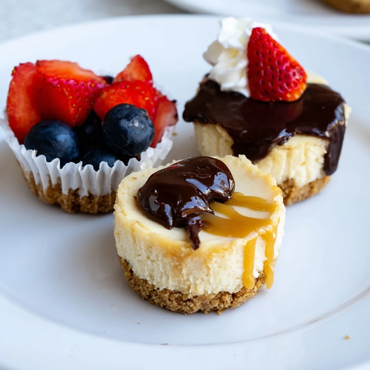 Creamy mini cheesecakes topped with fresh berries on a rustic baking sheet