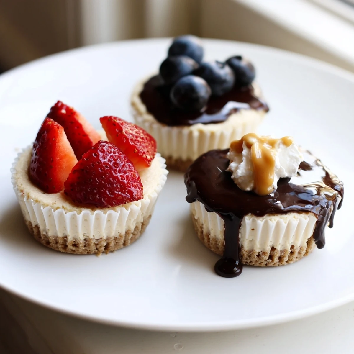 Individual mini cheesecakes adorned with whipped cream and colorful fruit toppings