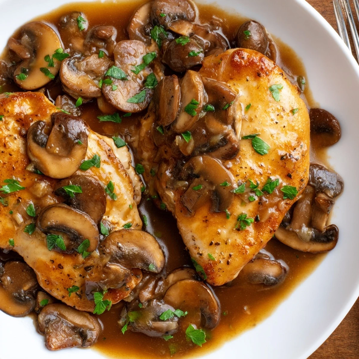 Tender chicken marsala simmered with cremini mushrooms in a savory skillet