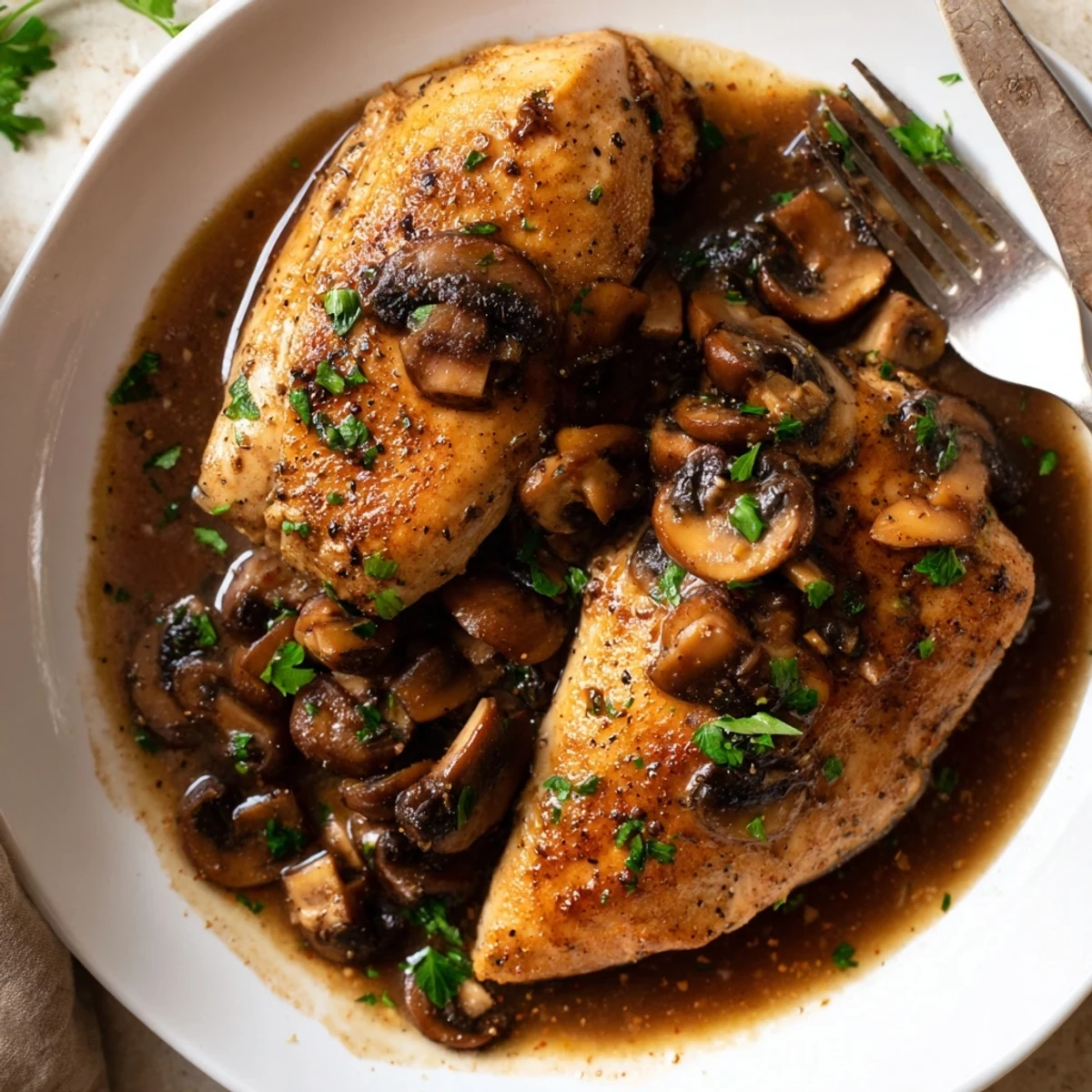 Golden dairy-free chicken marsala with mushrooms in a rich wine sauce