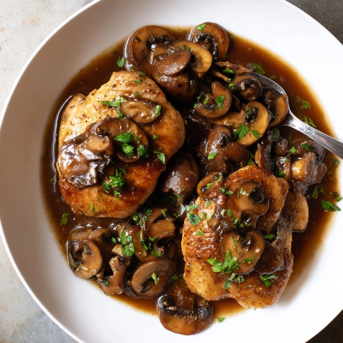 Creamy looking dairy-free chicken marsala topped with fresh chopped parsley