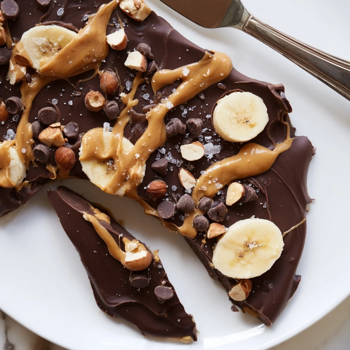 Creamy banana slices beneath glossy dark chocolate in this viral chocolate banana bark