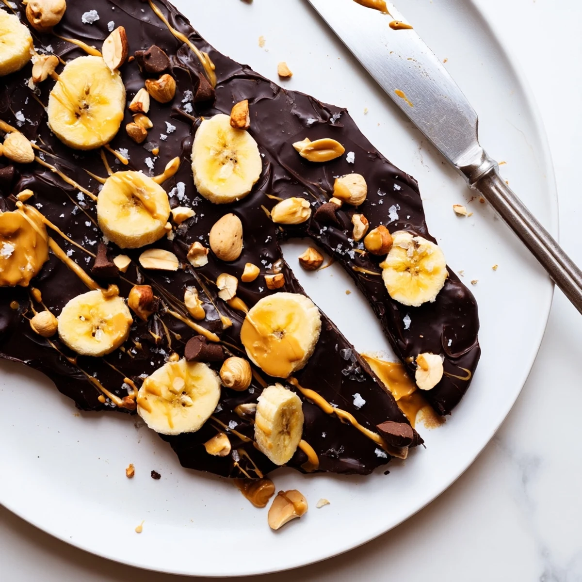 Viral chocolate banana bark topped with crushed peanuts and a flaky salt finish