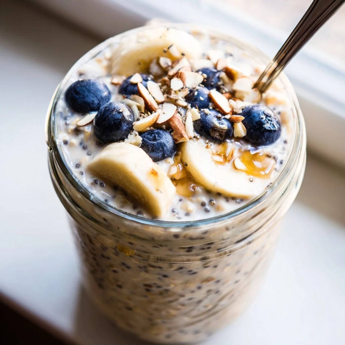 Creamy protein overnight oats topped with fresh berries in a glass jar