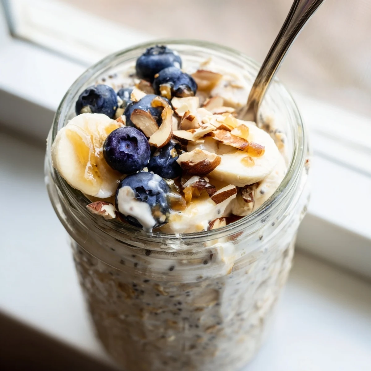 Thick protein overnight oats served with sliced banana and a drizzle of nut butter