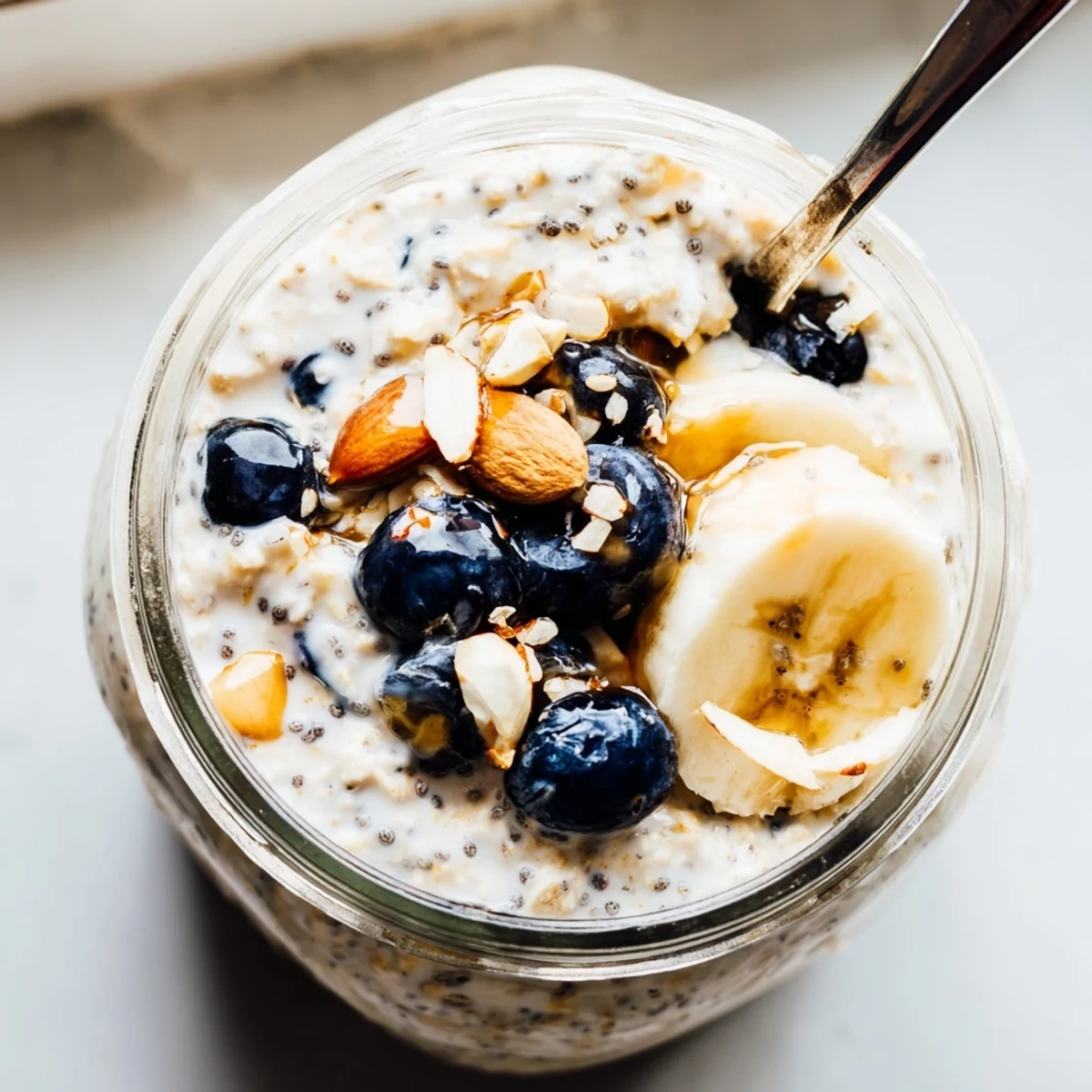 Chilled protein overnight oats layered with Greek yogurt and crunchy chia seeds