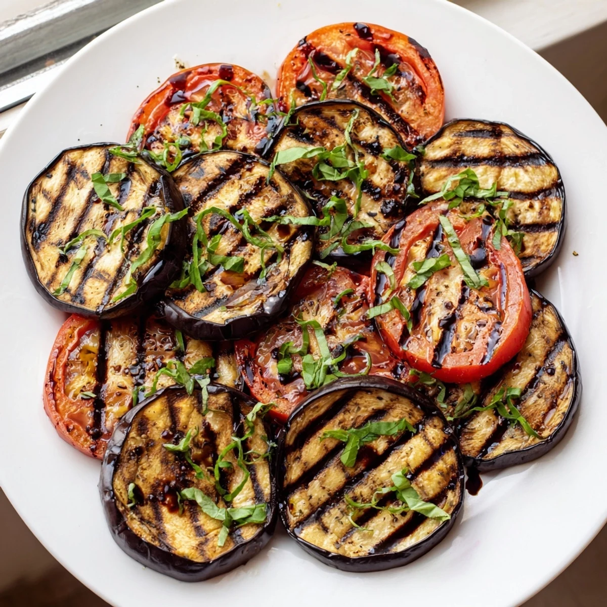 Charred grilled tomato eggplant drizzled with balsamic glaze and garnished beautifully