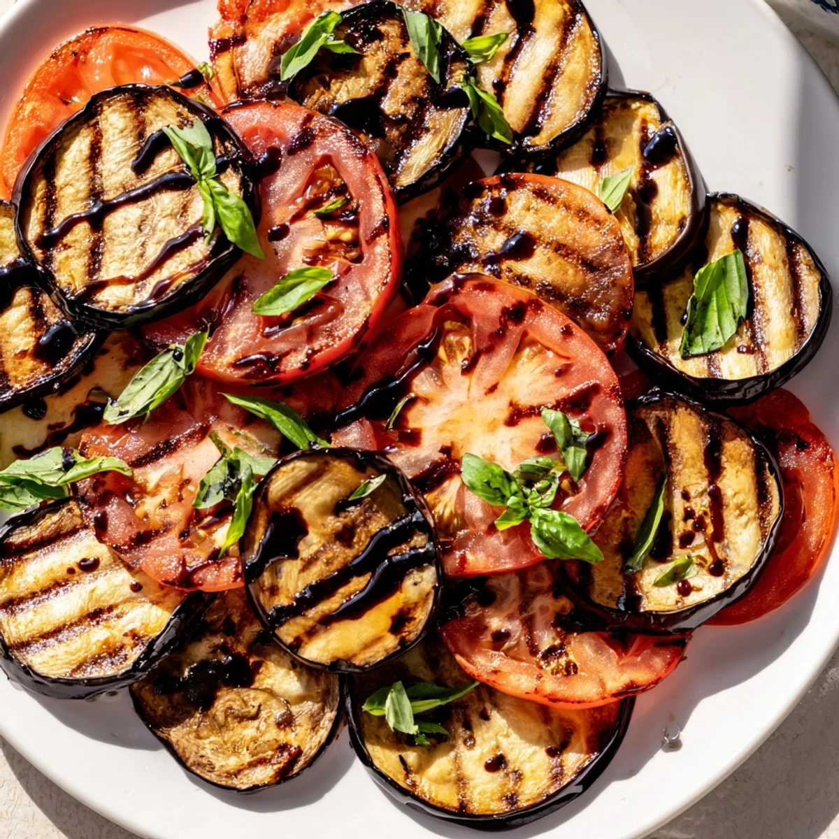 Smoky grilled tomato eggplant slices layered on a platter with fresh basil