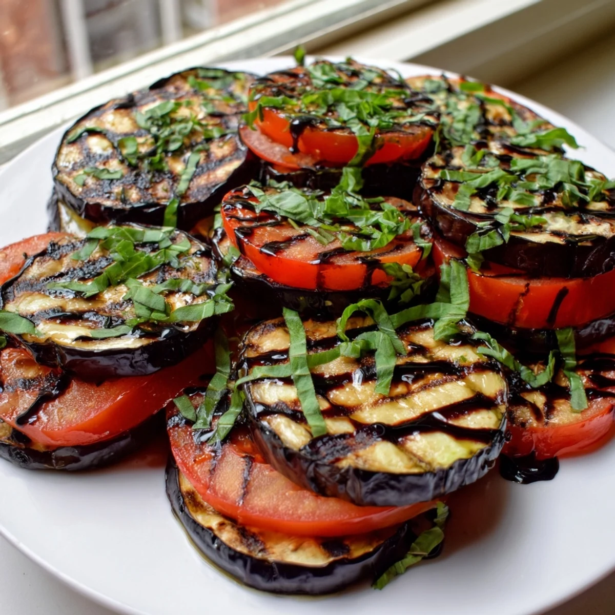 Tender grilled tomato eggplant stacked alternately on a rustic white serving dish