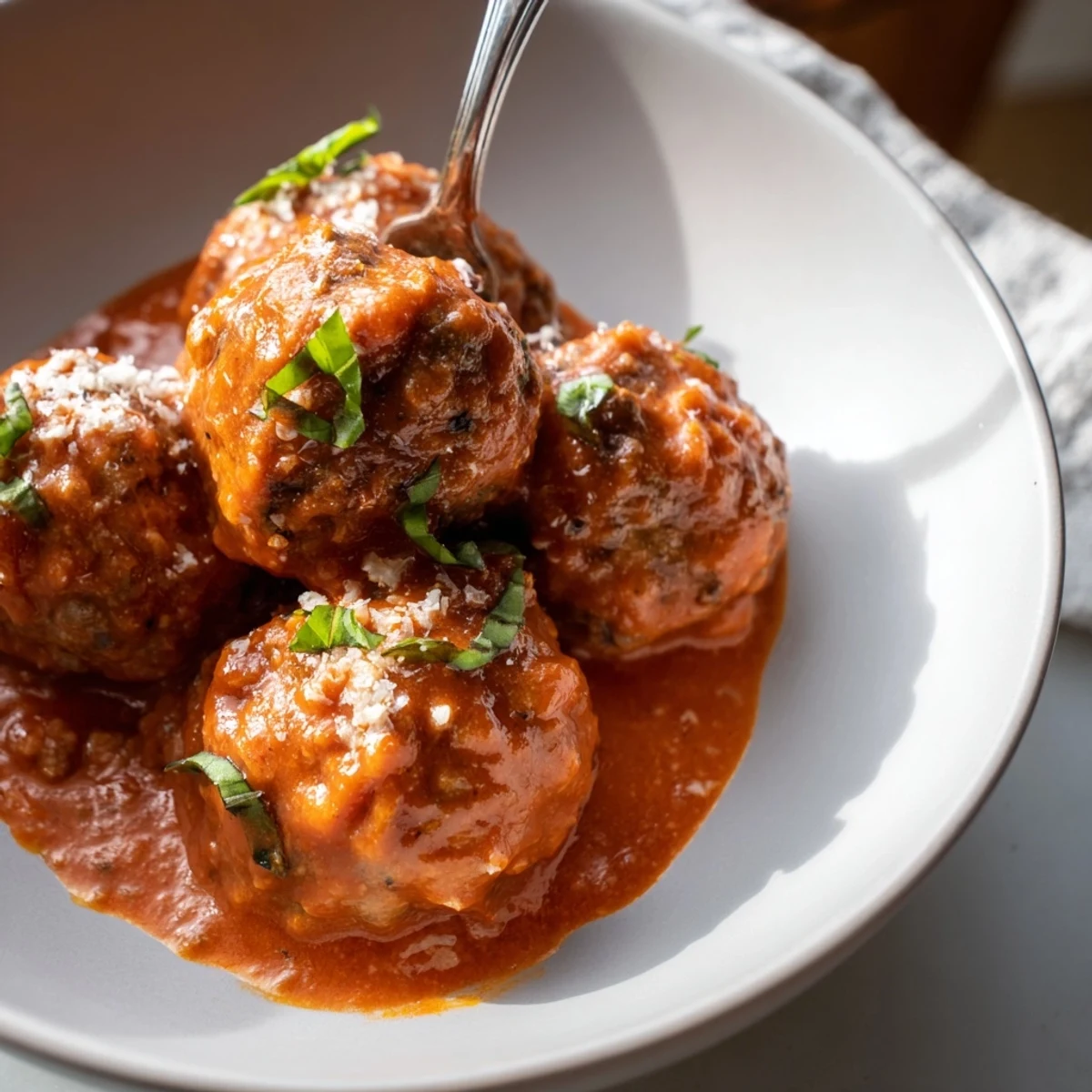 Juicy creamy tomato basil meatballs swimming in a velvety red sauce topped with Parmesan