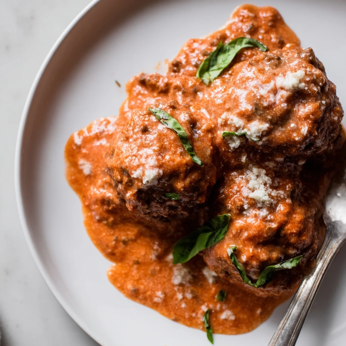Golden brown creamy tomato basil meatballs nestled in herb flecked sauce beside twirled spaghetti