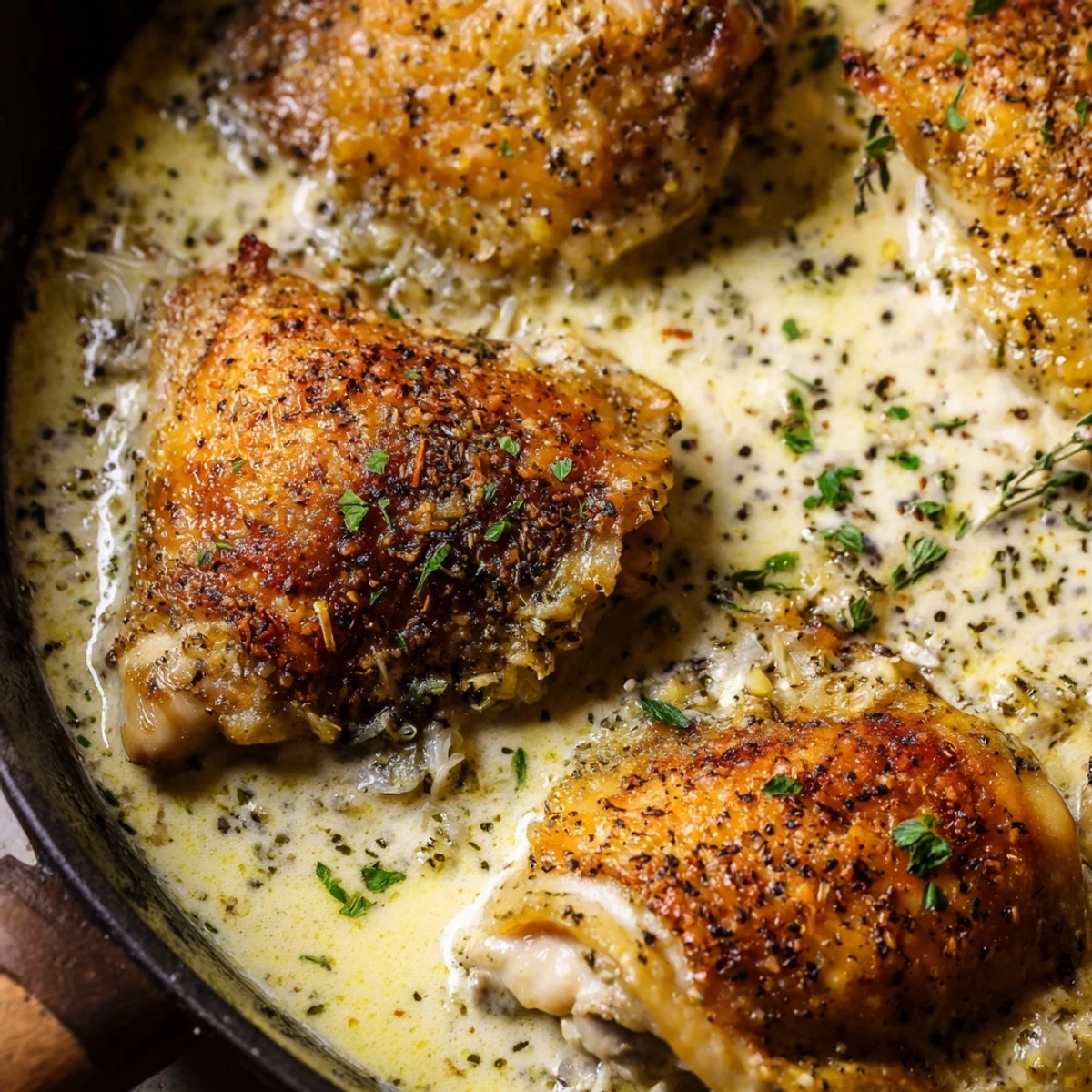 Creamy oven baked chicken thighs with herb flecked skin resting in bubbling cream sauce