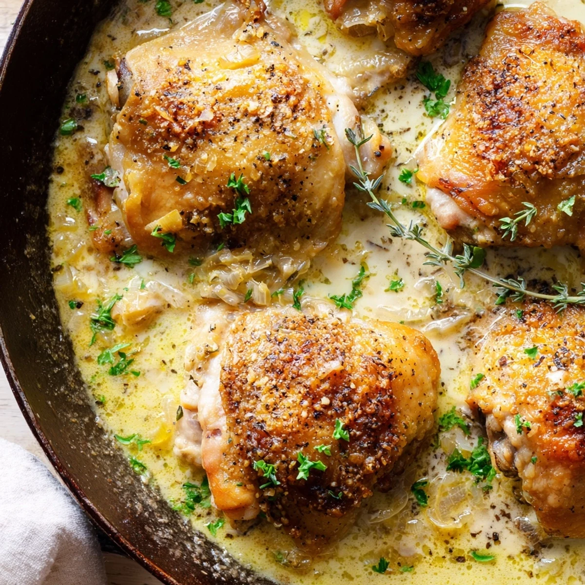 Golden crispy creamy oven baked chicken thighs swimming in a rich garlic parmesan sauce