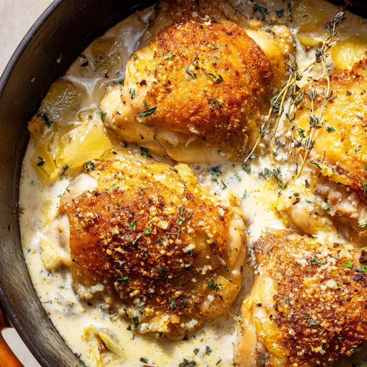 Succulent creamy oven baked chicken thighs drizzled with thick parmesan gravy and fresh parsley