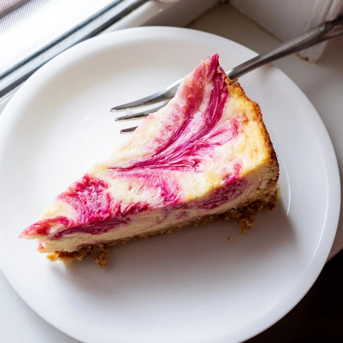 Creamy keto rhubarb cheesecake with vibrant pink swirls on a golden almond crust
