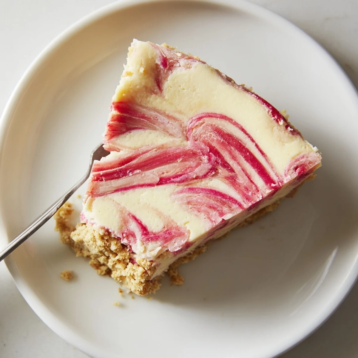 A luscious keto rhubarb cheesecake garnished with fresh rhubarb stalks on a rustic plate