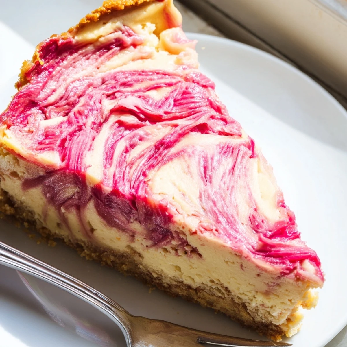 Tangy rhubarb compote ribbons winding through a smooth, chilled keto cheesecake slice