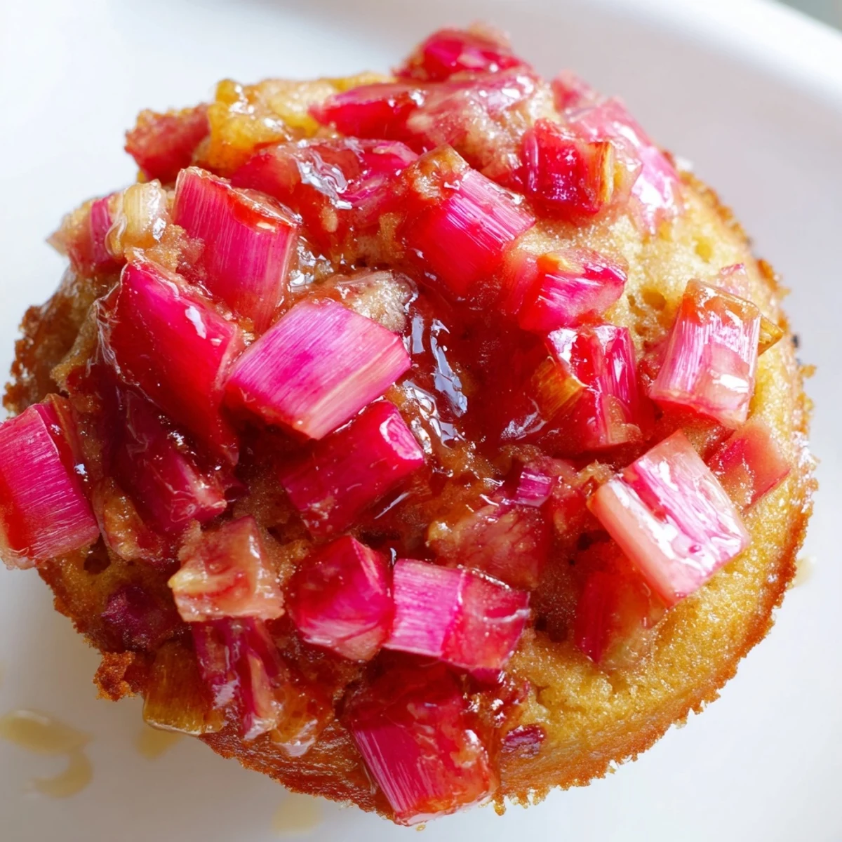 Golden upside down rhubarb muffins with caramelized fruit topping fresh from the oven.
