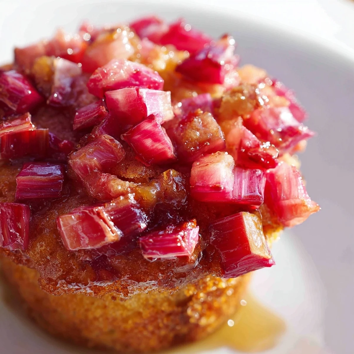Moist upside down rhubarb muffins flipped to reveal glistening sweet-tart ruby fruit.