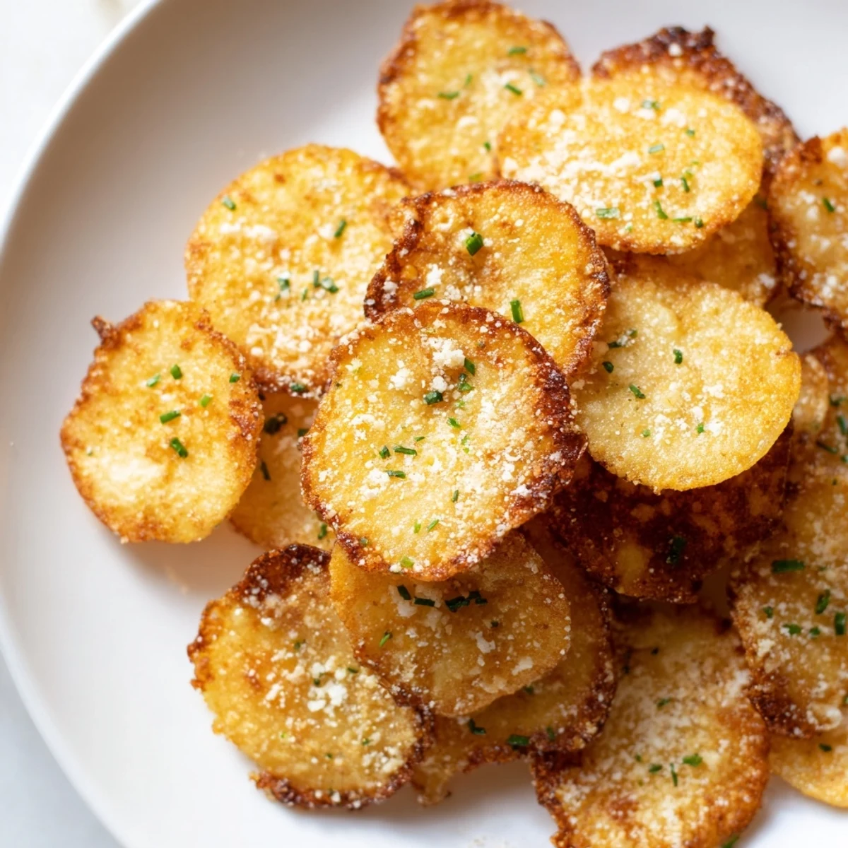 Golden crispy cottage cheese chips sprinkled with parmesan on a parchment-lined baking sheet