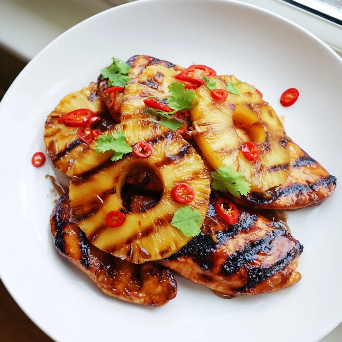 Juicy Chili Pineapple Grilled Chicken garnished with fresh cilantro and sliced red chilies