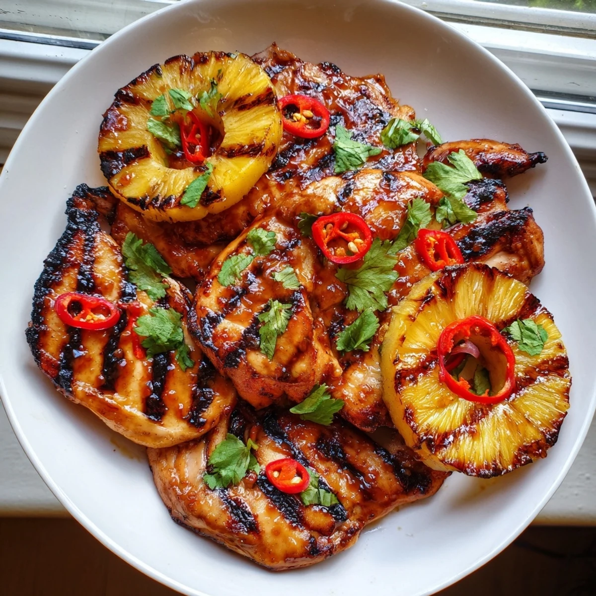 Chili Pineapple Grilled Chicken with caramelized pineapple rings on a smoky backyard grill