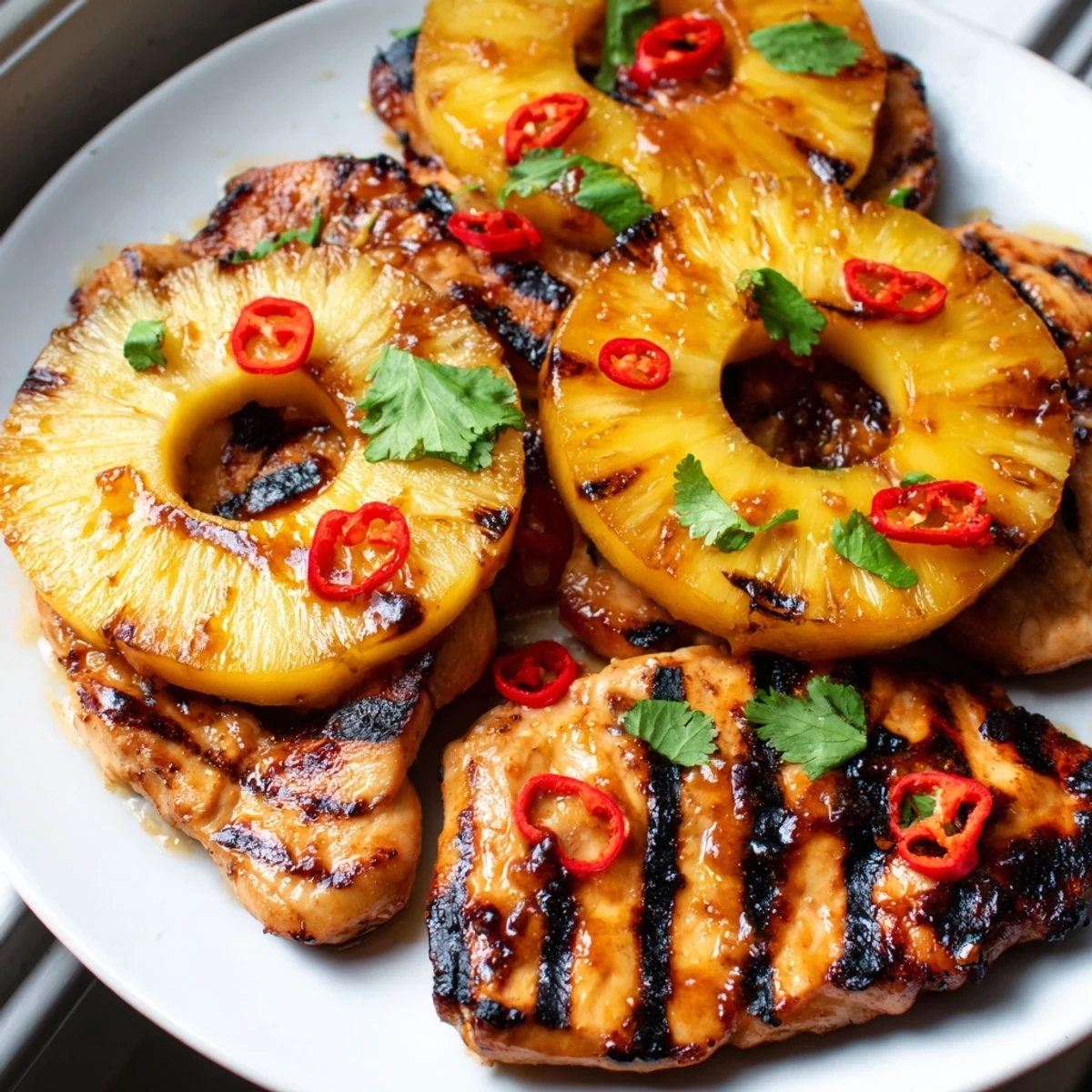 Golden Chili Pineapple Grilled Chicken served alongside charred pineapple and grilled summer vegetables