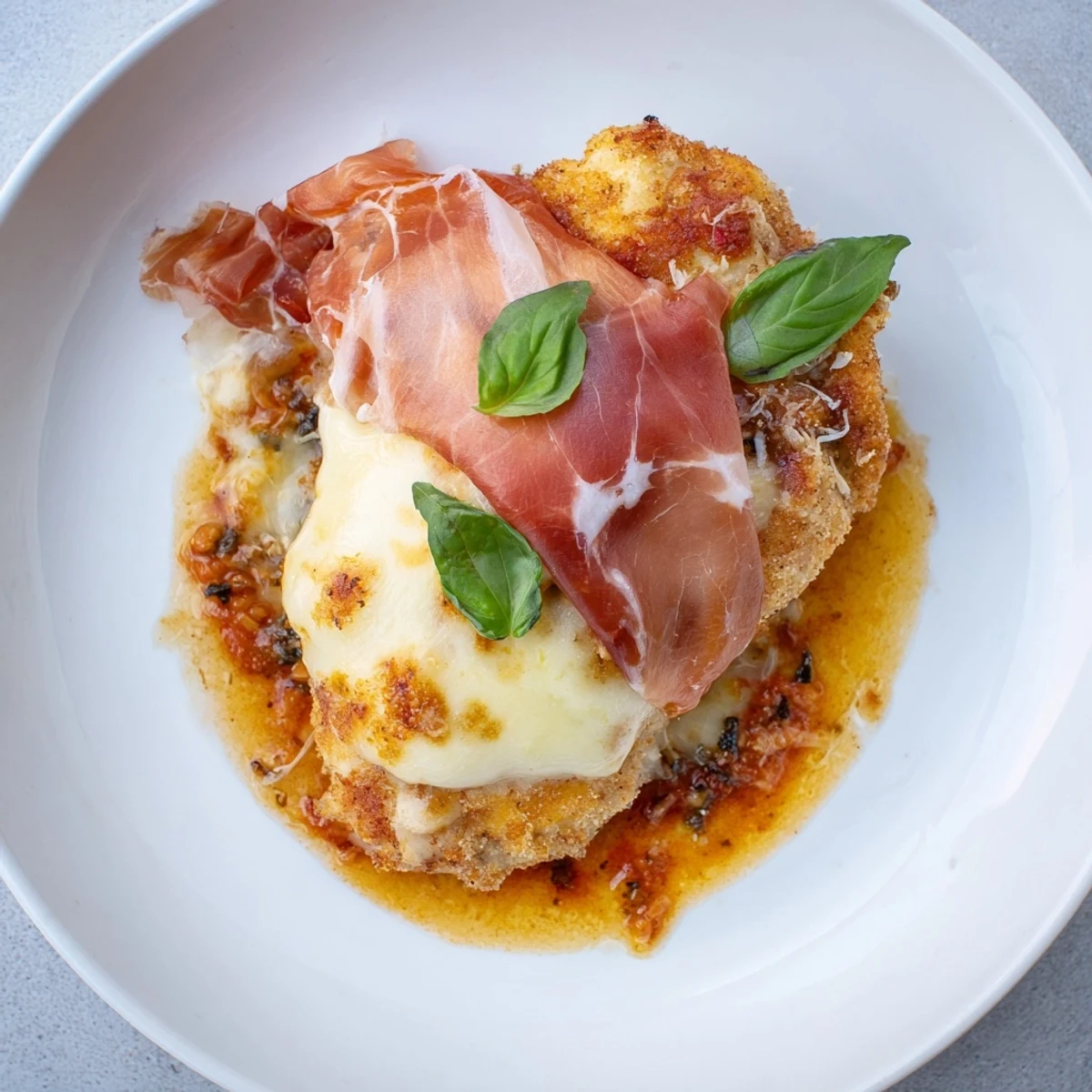 Golden Chicken Valdostana topped with melted Fontina and crispy prosciutto in rustic tomato sauce