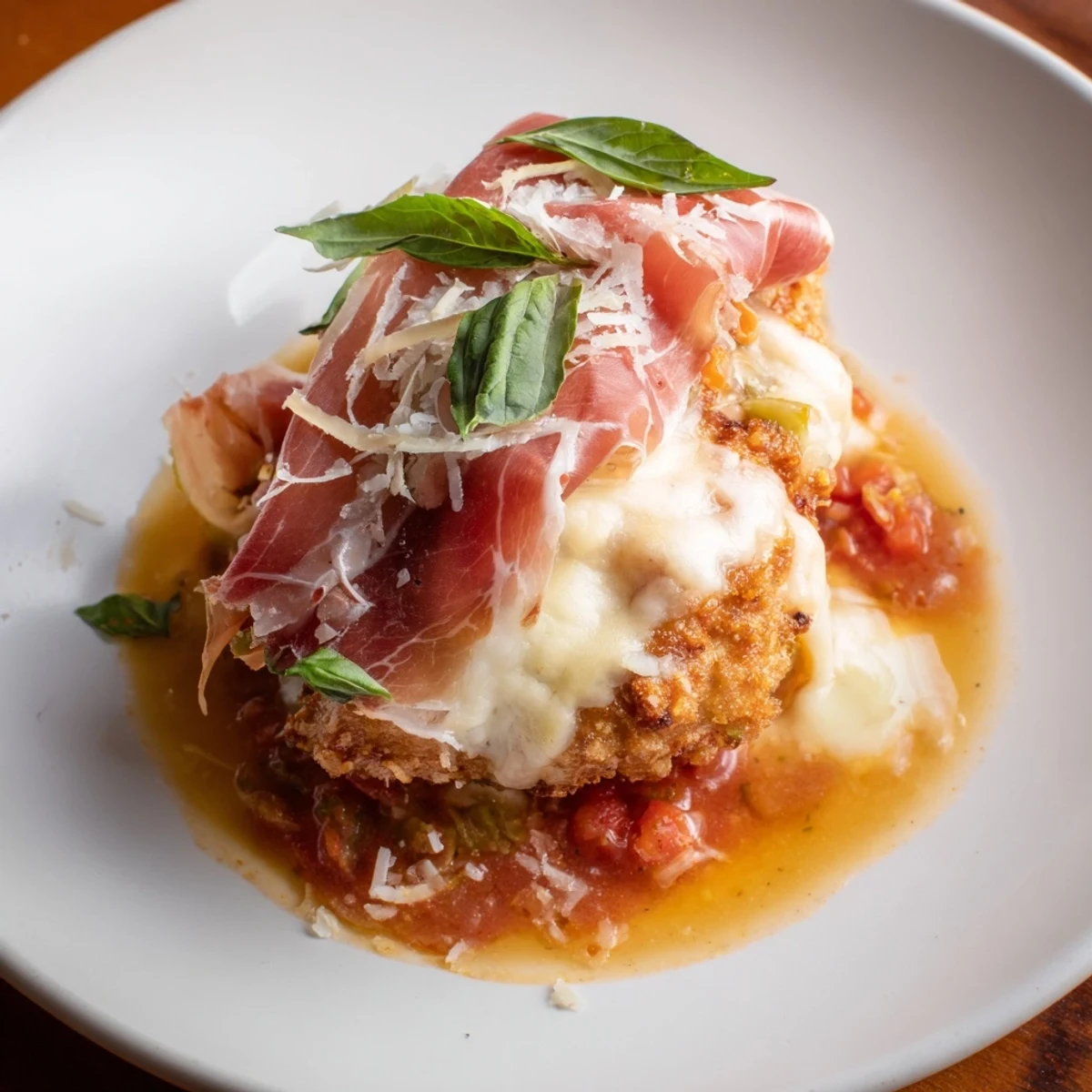 Creamy Chicken Valdostana with bubbling cheese and savory wine tomato sauce on a white plate