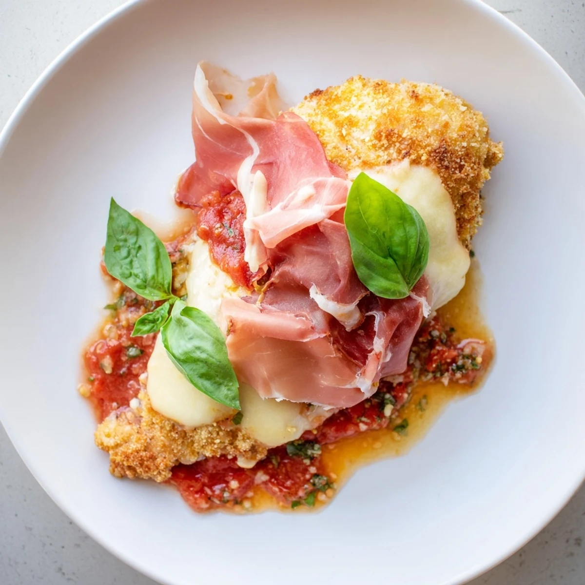 Breaded Chicken Valdostana layered with prosciutto and gooey Fontina in a rich tomato sauce