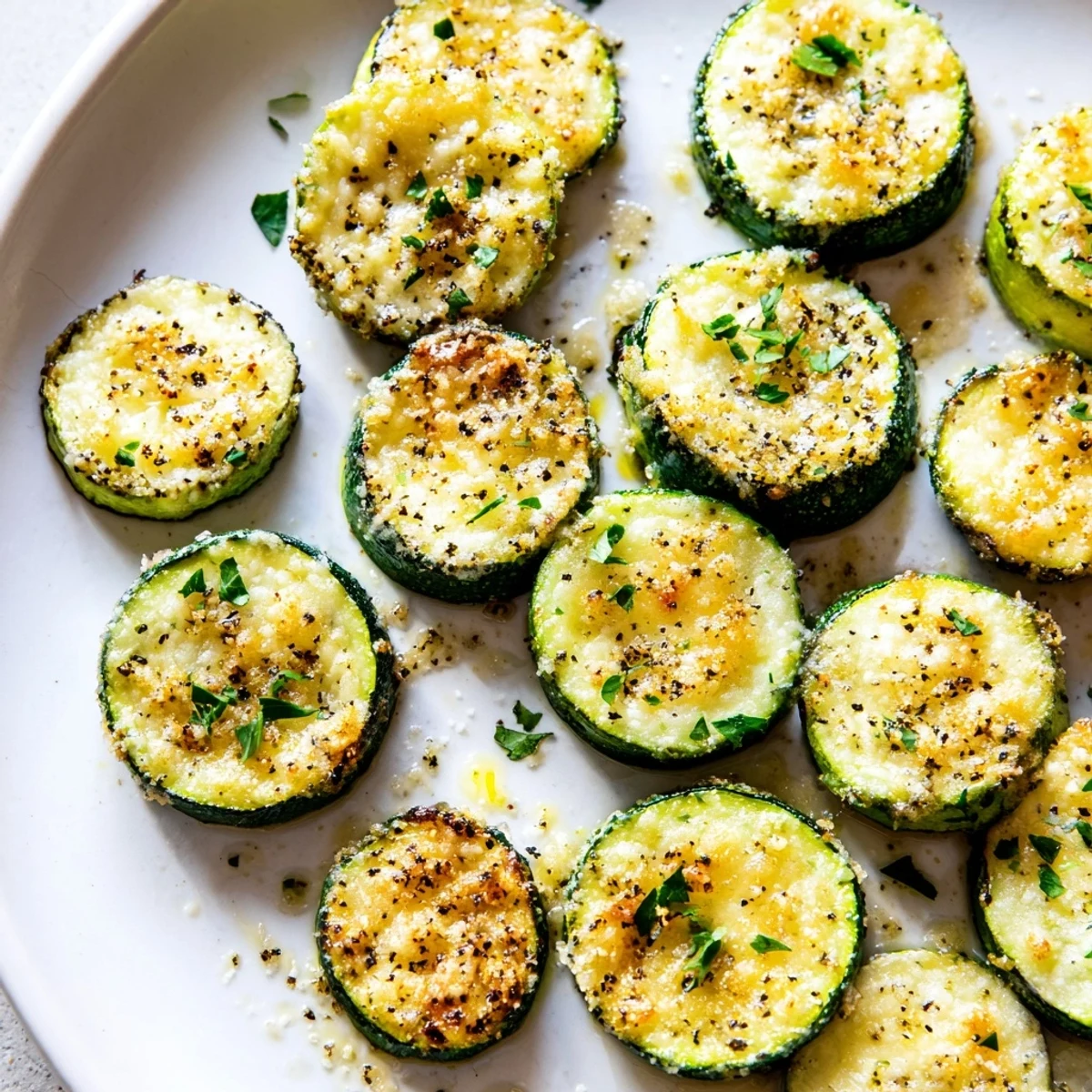 Tender roasted zucchini rounds coated in melted Parmesan cheese with bright lemon zest and cracked pepper
