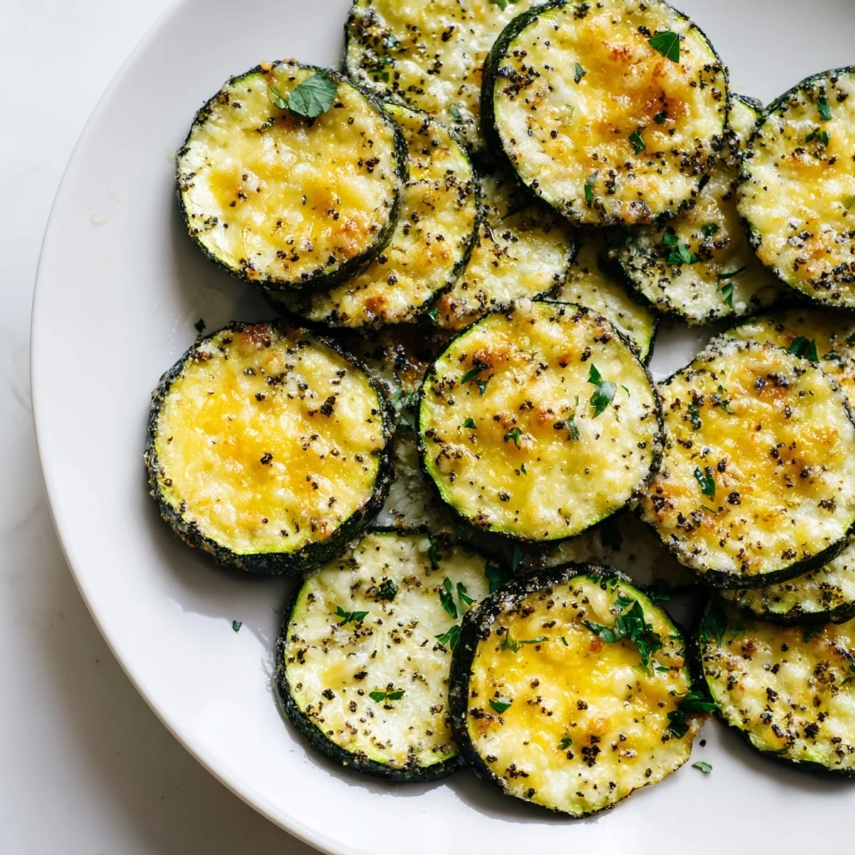 Golden baked lemon pepper Parmesan zucchini slices garnished with fresh parsley on a rustic plate