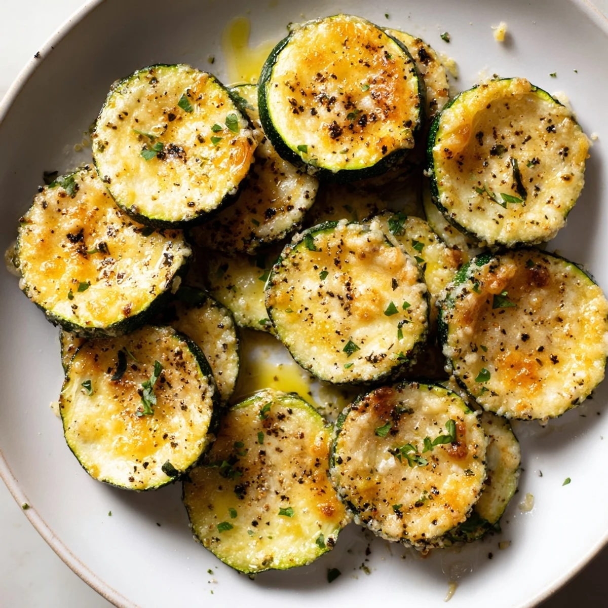 Crispy Parmesan crusted zucchini wedges fresh from the oven drizzled with olive oil and lemon juice