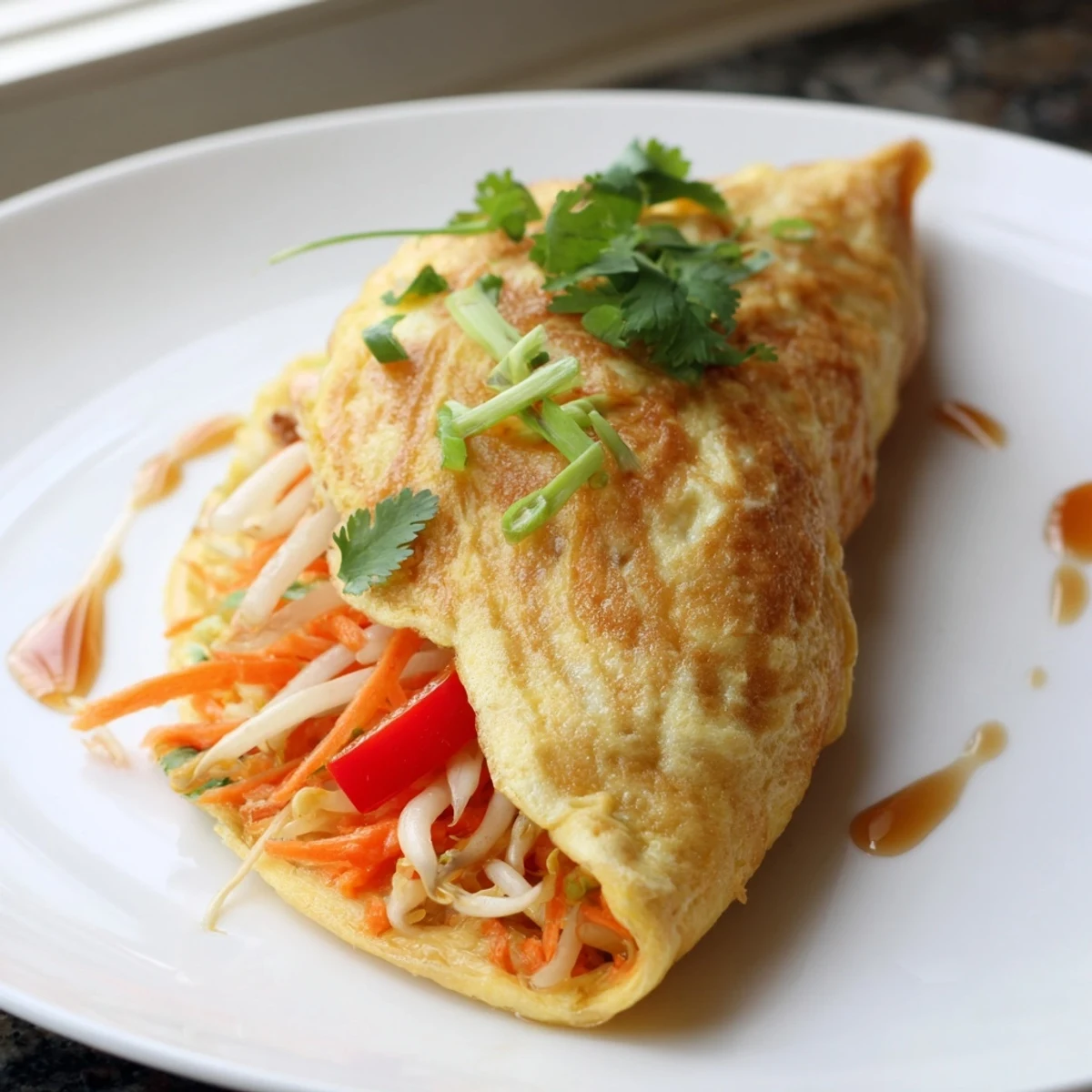 Golden Chinese omelette filled with colorful vegetables and garnished with fresh scallions