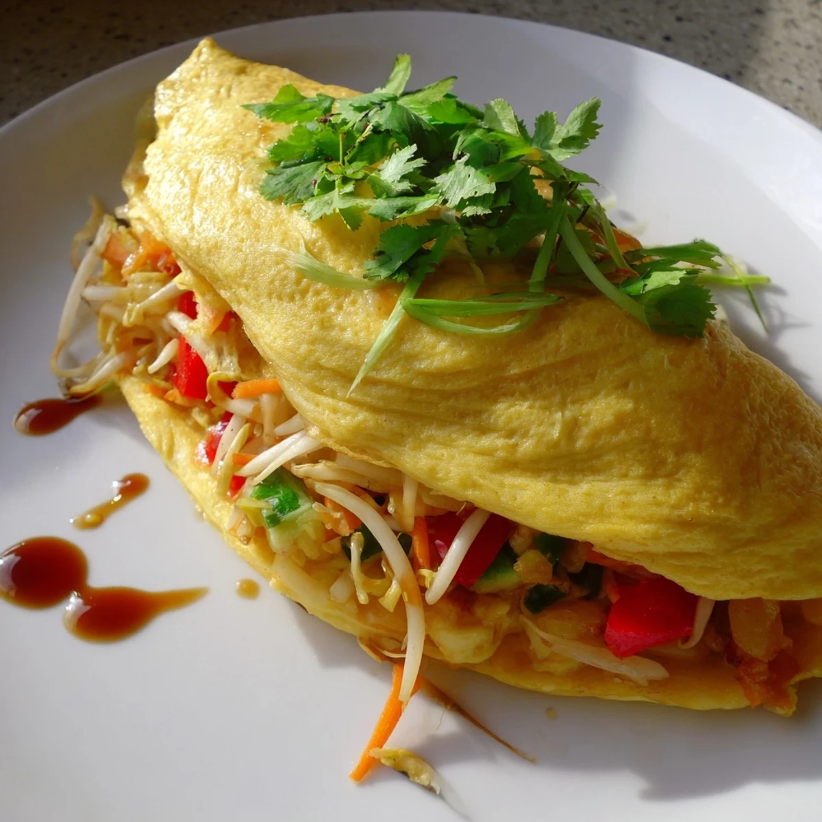 Savory Chinese omelette drizzled with sesame oil and served on a white plate