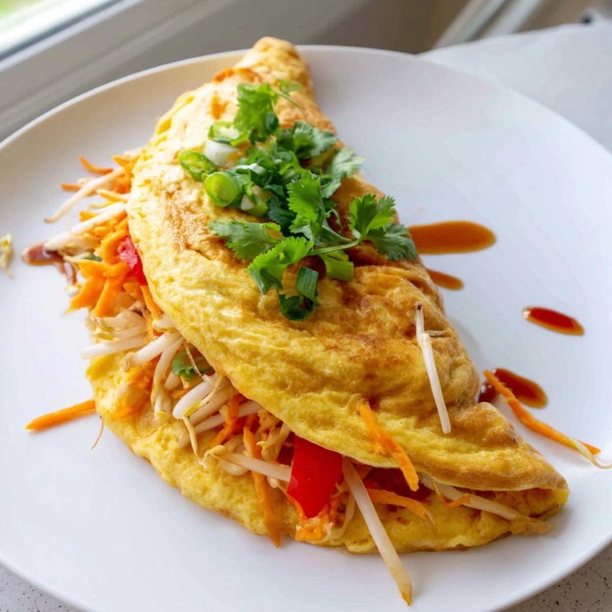 Fluffy Chinese omelette folded over crisp bean sprouts, carrots, and bell pepper