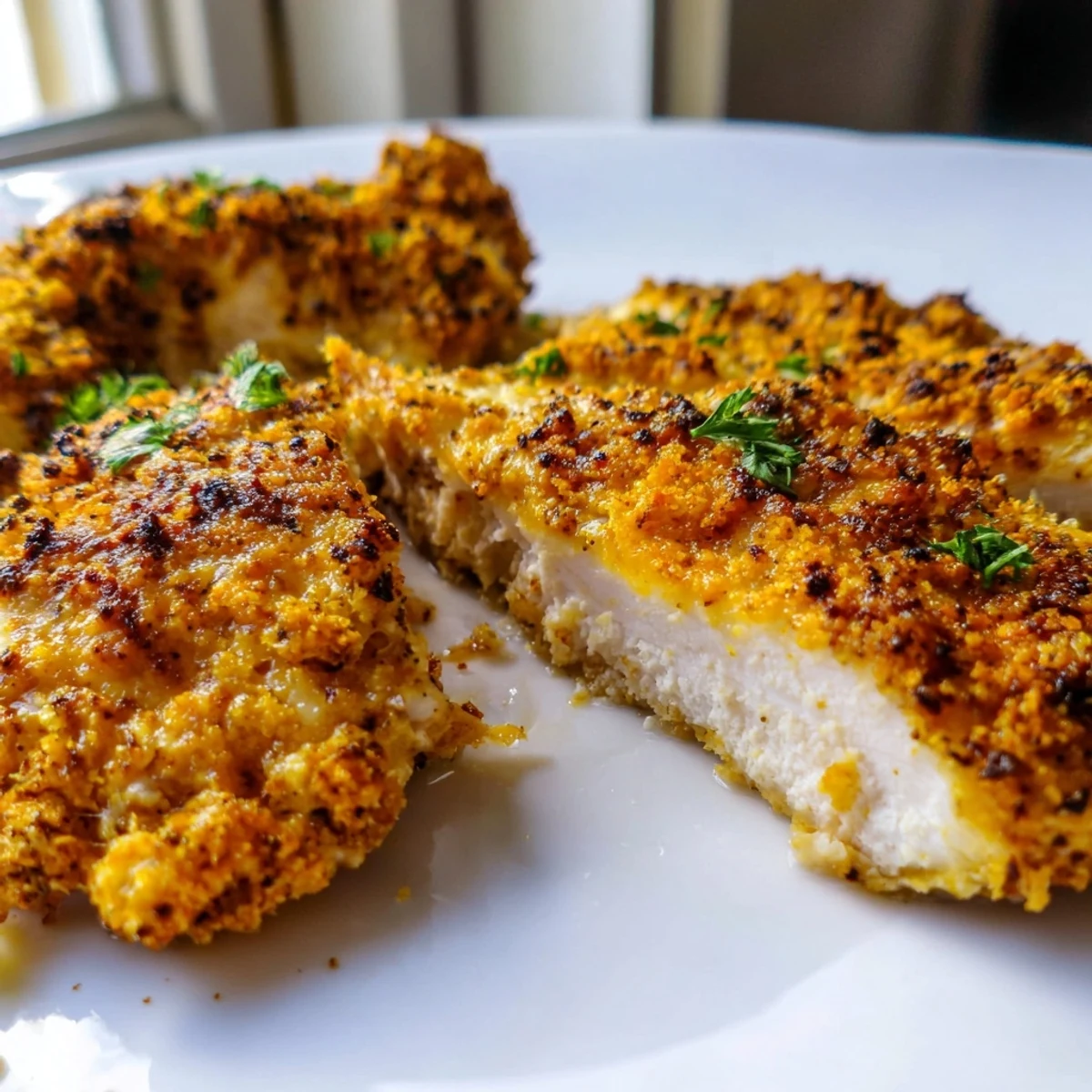 Juicy Paprika Parmesan Chicken sliced open revealing tender meat on a dinner plate