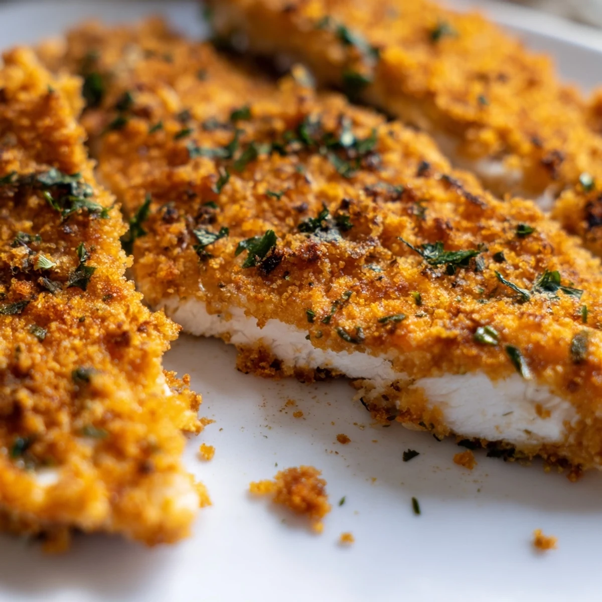 Crispy baked Paprika Parmesan Chicken garnished with parsley and served beside roasted vegetables