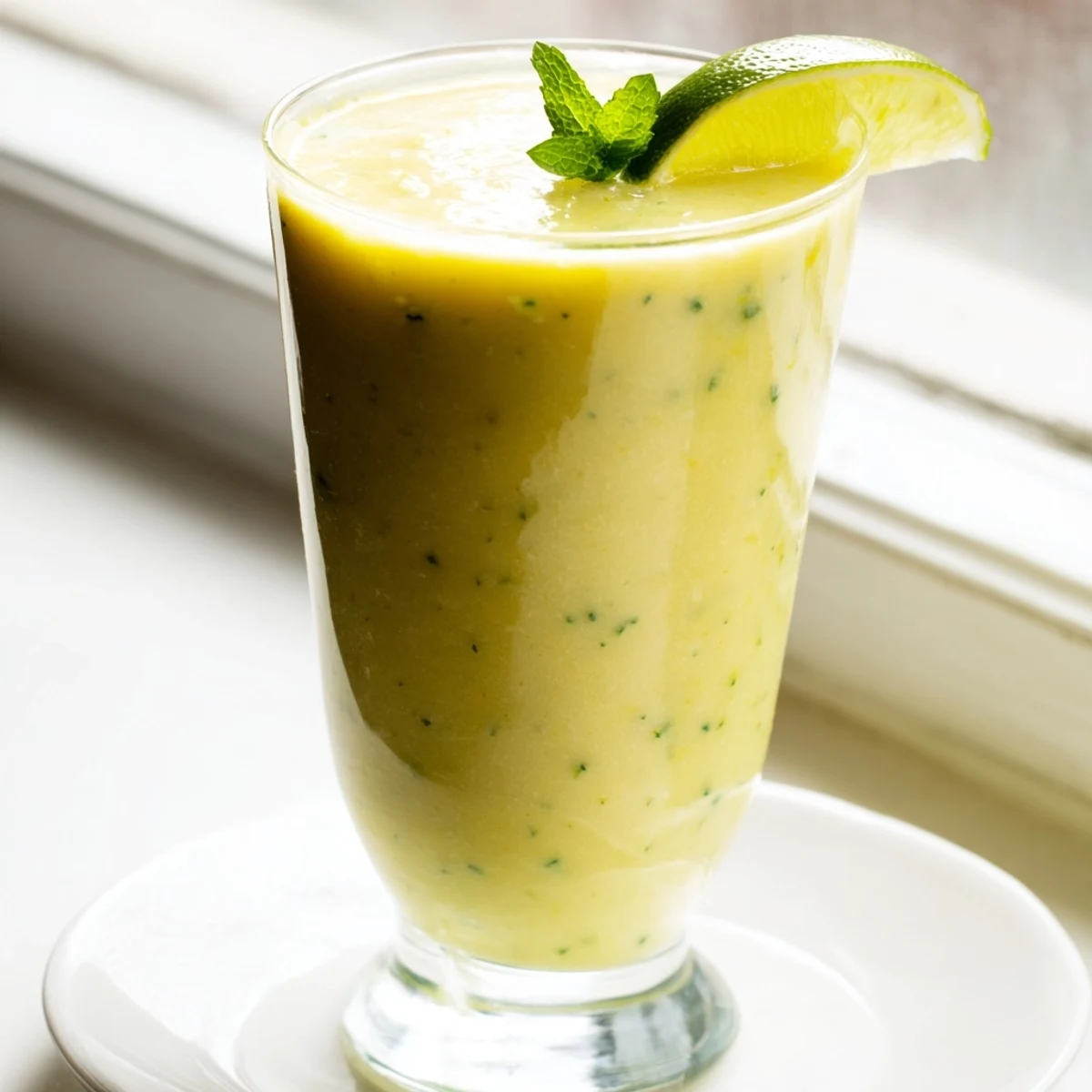 Tropical mango cucumber smoothie blended smooth and served over ice on a sunlit counter