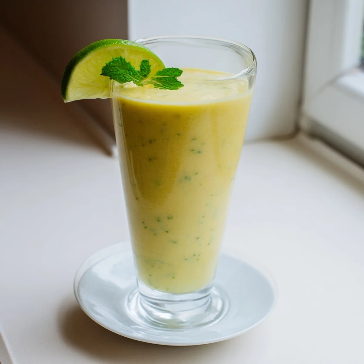 Chilled mango cucumber smoothie poured into a tall glass with fresh mint garnish