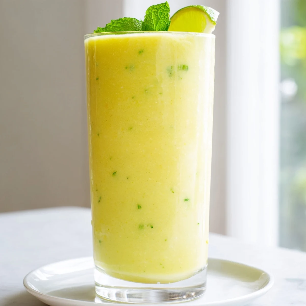 Creamy green mango cucumber smoothie topped with a cucumber ribbon beside a lime wedge